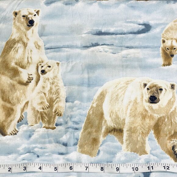 Vtg Arctic Polar Bears Blue White Cotton Fabric Quilting Sewing BTY - Picture 2 of 5